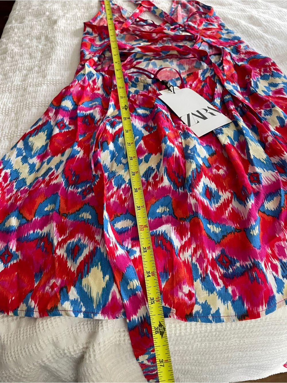 π NWT Zara Ikat Print Mini Dress Red Blue Lace Up Back Large - Picture 17 of 17